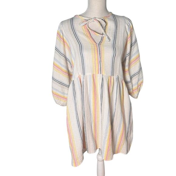 Sundry Long Sleeve Babydoll blouson sleeve mini dress neutral motif striped XS - Picture 3 of 6